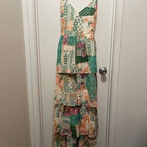 Flying Tomato Patchwork Maxi Dress in Green and Cream